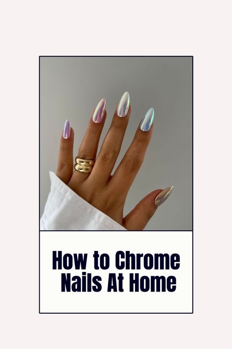 Step up your nail game with this easy tutorial on how to achieve stunning chrome nails! Perfect for any occasion, make your nails stand out with a mesmerizing chrome finish. #ChromeNails #NailArt #DIY Chrome Nails Step By Step, Spring Nails 2024 Trends Chrome, How To Put Chrome Powder On Nails, How To Add Chrome To Nails, Diy Chrome Nails At Home, Diy Chrome Nails Eyeshadow, How To Chrome Nails At Home, How To Chrome Nails, How To Do Chrome Nails Step By Step