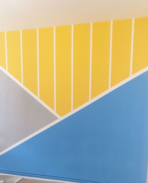 Blue And Yellow Wall Paint Ideas, Gray Playroom, Yellow Bedroom Walls, Yellow Painted Walls, Stripped Wall, Triangle Wall, Church Decorations, Baby Boy Photography, Daycare Ideas