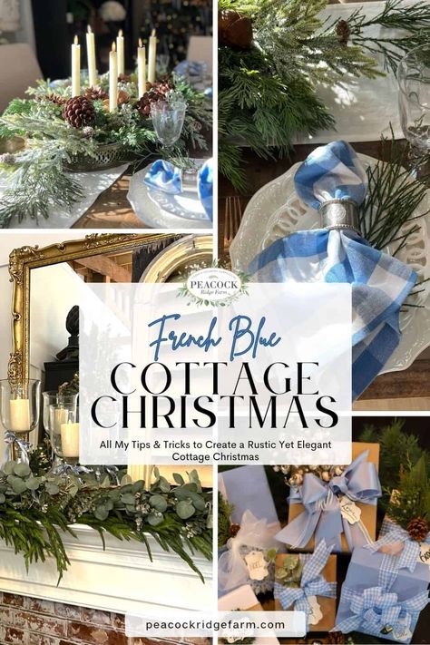 White Gift Wrapping Ideas, French Blue Christmas, White Gift Wrapping, Neutral Holiday Decor, French Country Blue, Christmas House Tour, Blue Christmas Decor, Neutral Christmas Decor, Christmas Cottage