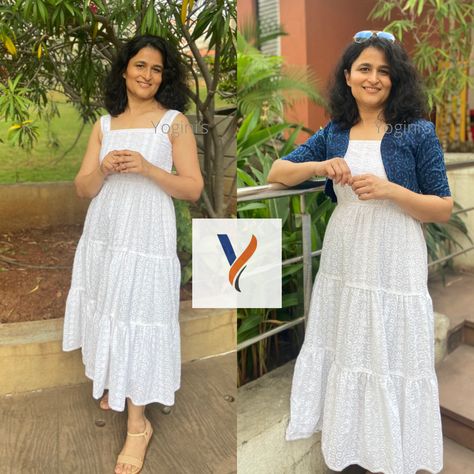 Hakoba chikan white dress and indigo Chanderi shrug. Lovely dress. Frock With Shrug, Hakoba Dress, Frock Styles, Shrug Outfit, Dress With Shrug, Blue Shrug, White Frock, Frock Style, Half Saree Designs