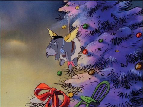 Eeyore dressed as a Christmas angel tied to the giant Christmas tree Christmas Tv Specials, Cartoon Christmas Tree, Christmas Tree Wallpaper, Winnie The Pooh Pictures, Winnie The Pooh Christmas, Christmas Collage, Images Disney, Cute Christmas Wallpaper, Tree Wreath