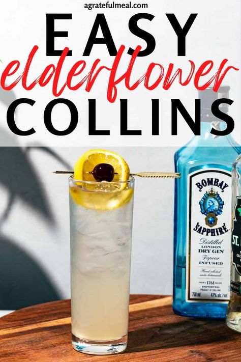 This Elderflower Tom Collins with gin is one of the best St Germain cocktails and gin drinks with a spin on the classic Tom Collins cocktail recipe! This lemon cocktail is made with gin, lemon juice, soda water, and St Germain elderflower liqueur. St Germain Cocktails, Elderflower Collins, Tom Collins Cocktail, St Germain Cocktail, Collins Cocktail, Lemon Cocktail, Gin Lemon, Hendricks Gin, Vodka Soda