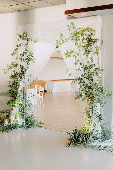 Greenery and Drapery Wedding Reception Entrance Neutral And Greenery Wedding, Wedding Decor Entrance, Wedding Foyer, Wedding Entrance Table, Church Entrance, Wedding Drapery, Wedding Reception Entrance, Decor Entrance, Draping Wedding