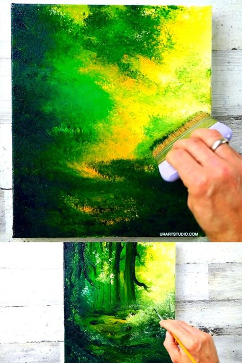 Landscape Art Easy, Easy Acrylic Landscape, Art Easy Painting, Deep Green Forest, Easy Painting For Beginners, Landscape Painting Techniques, Painting Techniques For Beginners, Easy Paintings For Beginners, Oval Brush