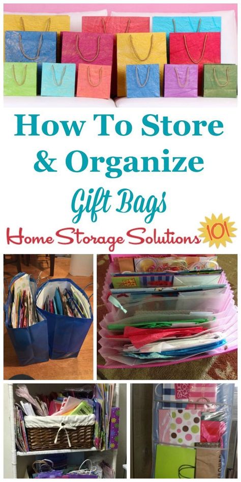 How to store and organize gift bags in your home, with lots of DIY methods and products you can use, as shown by real life pictures from readers {on Home Storage Solutions 101} #GiftBags #OrganizingTips #OrganizedHome Organize Tissue Paper And Gift Bags, How To Store Wrapping Paper And Bags, Storing Wrapping Paper And Gift Bags, Organizing Gift Bags Storage Solutions, How To Organize Wrapping Paper, Storage Ideas For Gift Bags, Tissue Paper Organization Ideas, Gift Closet Organization, How To Organize Tissue Paper