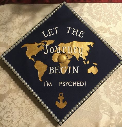 My Psychology/ travel/ navy gf graduation cap ⚓️❤️ Navy Graduation Cap, Psychology Graduation Cap, Navy Graduation, Psych Major, High School Graduation Cap, College Graduation Cap Decoration, Grad Hat, Senior Ideas, Grad Caps