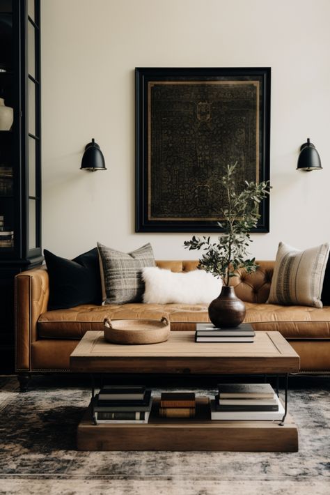 30+ Captivating Moody Living Room Ideas Moody Wall Art Ideas, Chestnut Couch Living Room Ideas, Dark Modern Farmhouse Living Room, Living Room Inspiration Moody, Moody Boho Home, Carmel Couch Living Room, Moody Bonus Room, Light Moody Living Room, Living Room Designs Leather Couch