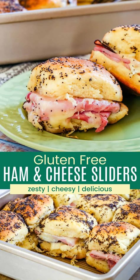 These easy Gluten-Free Ham and Cheese Sliders are filled with sliced ham, zesty mayo-mustard, and plenty of melty Swiss cheese. Brushed with a buttery Dijon and poppy seed topping, these are serious game day eats or a super fun dinner! Easy Gluten Free Snacks, Gluten Free Finger Foods, Easy Game Day Food, Gluten Free Ham, Ham Cheese Sliders, Gluten Free Brunch, Gluten Free Turkey, Ham And Cheese Sliders, Gluten Free Sandwiches