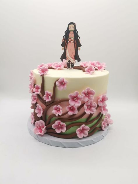 Nezuko Birthday Party, Nezuko Birthday, Demon Slayer Birthday, Aurora Cake, Mitsuri Nezuko, Cherry Blossom Cake, Blossom Cake, Cherry Blossom Theme, Anime Cake