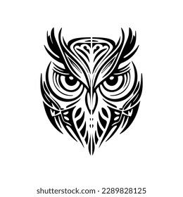 Owl tattoo in black and white with Polynesian designs. Hawaiian Owl Tattoo, Owl Face Tattoo, White Owl Tattoo, Owl Outline, Owl Silhouette, Steampunk Illustration, Tattoo Black And White, Owl Face, Owl Graphic