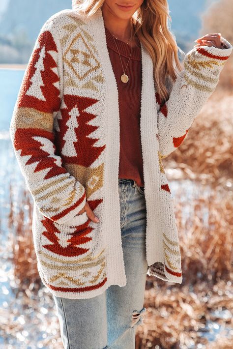 Aztec Cardigan, Colored Cardigans, Pocket Cardigan, Beige Sweater, Aztec Print, Tunic Length, Winter Sweaters, Winter Looks, Sweater Coats