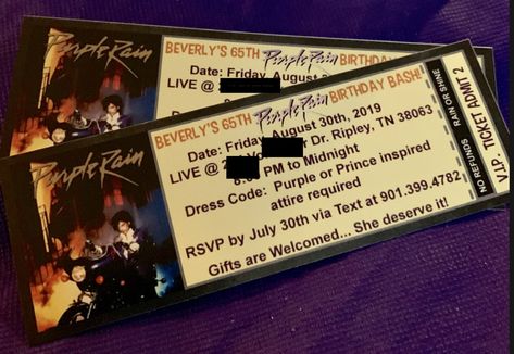 Purple Rain Party Invitations made to look like concert tickets. Book your Purple Rain Themed Party Today 901.505.2334 Prince Purple Rain Party Invitations, Purple Rain Themed Party, Prince Purple Rain Themed Birthday Party, Purple Rain Themed Birthday Party, Purple Rain Birthday Party Ideas, Purple Rain Party Theme, Prince Purple Rain Party, Purple Rain Party, Prince Party Theme