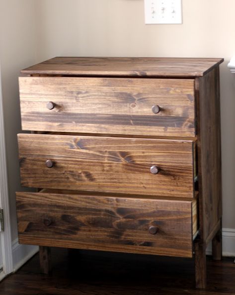 Minwax Special Walnut stain on a cheap Ikea Tarva dresser. Minwax Special Walnut Stain, Ikea Pine Dresser, Minwax Special Walnut, Tarva Dresser, Ikea Tarva, Ikea Tarva Dresser, Ikea Rast Hack, Special Walnut Stain, Kura Bed