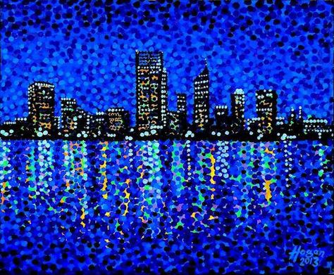 Elementary Painting, Pointalism Art, Small Cities, Stippling Art, Skyline Wall Art, Creation Art, Tall Buildings, Making Stuff, Blue Art Prints