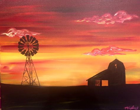 Country Sunset Windmill Sunset Painting, Country Sunset Painting, Sunset Farm Painting, Western Sunset Painting, Easy Farm Paintings, Iowa Painting, Farmer Tattoo, Windmill Drawing, Country Drawings