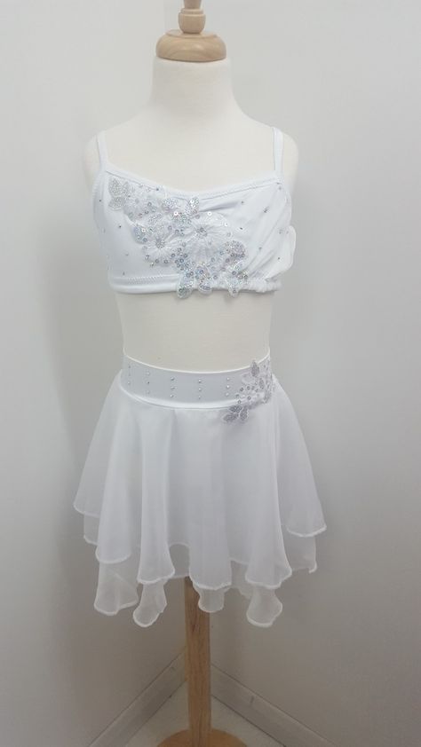 White Lyrical Dance Costumes Two Piece, Lyrical Two Piece Dance Costume, Lyrical Costumes Two Piece, White Contemporary Dance Costume, White Lyrical Costume, Lyrical Costumes Solo, White Lyrical Dance Costumes, White Dance Costumes, Dance Outfits Contemporary