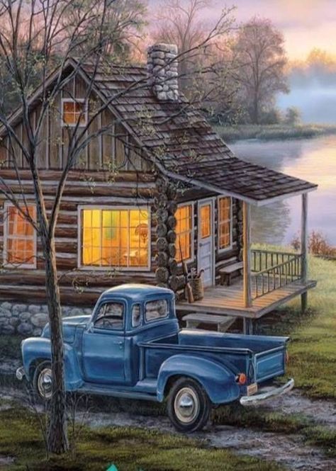 #Cabin in The Pines #rustic Vintage Clipart, Blue Truck, Marjolein Bastin, Cabin Art, Farm Art, Truck Art, A Log, Old Barns, Country Art