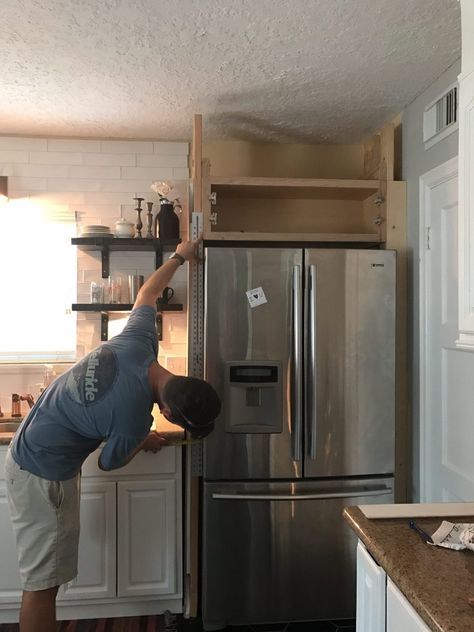 Kitchen Fridge Freezer Ideas, Open Cupboard Above Fridge, Enclosing Fridge, Over Fridge Shelf, Fridge By Doorway, Awkward Space Above Fridge, Pantry Cupboard Next To Fridge, Above Fridge Ideas Open Shelves, Storage Above The Fridge