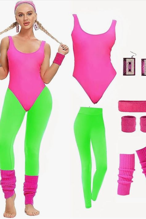 #halloweencostumeswomen #halloween #halloweencostumes #barbie #margotrobbie #barbiehalloween Workout Costume, 80s Workout Costume, Outfit 80s, 80s Accessories, Barbie Halloween Costume, 80s Workout, Neon Leggings, Barbie Halloween, Barbie Costume