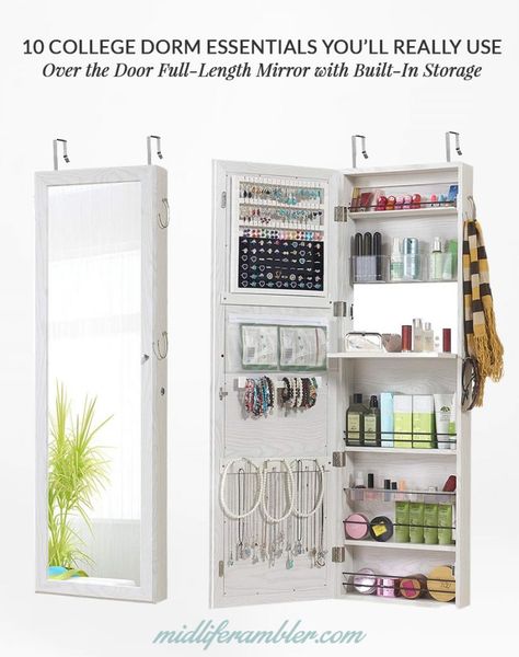 You guys, how amazing is this over the door cabinet with full length mirror? Dorm rooms just don't seem to understand that people want to see their whole outfit from time to time and this mirror easily hangs on the door so it doesn't take up additional space AND provides tons of storage. Mirror Armoire, College Dorm Room Organization, Mirror Jewelry Cabinet, Dorm Room Checklist, Armoire Cabinet, Over The Door Mirror, Mirrored Armoire, Dorm Bathroom, Mirror Jewelry