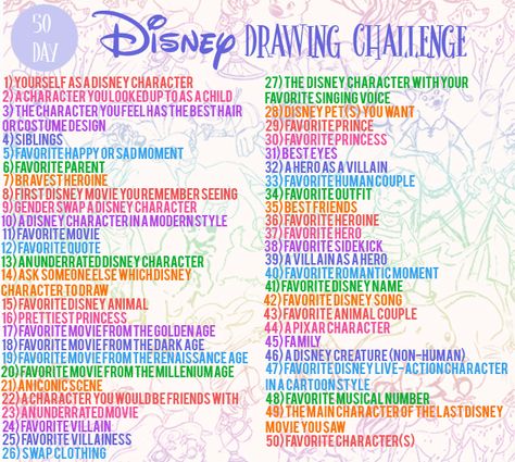 50 DAY DISNEY DRAWING CHALLENGE  Hello there!  This is my own personal "50 Day Disney Drawing Challenge". I created it by choosing my favorite parts from many other Disney drawing challenges that I saw. PLEASE let me know if you start doing this one by following me on my Instagram, @wreckitvicky. I upload my daily creations on that account and I will be uploading day-by-day my results of this challenge, and I would LOVE to see your creations. I hope you like this one and decide to start it! Disney Drawing Challenge, Drawing Ideas Disney, 30 Day Art Challenge, Art Journal Challenge, Disney Drawing, 30 Day Drawing Challenge, Drawing Challenges, Art Challenges, Art Style Challenge