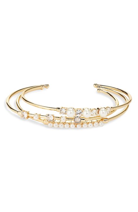 Nordstrom Imitation Pearl & Crystal Open Cuff Stack Bracelet available at #Nordstrom Lace Cuff Bracelet, Stack Bracelet, Wide Cuff Bracelets, Gold Bracelet Cuff, Pearl Crystal, Hinged Bracelet, Wide Cuff, Keep Jewelry, Dream Jewelry