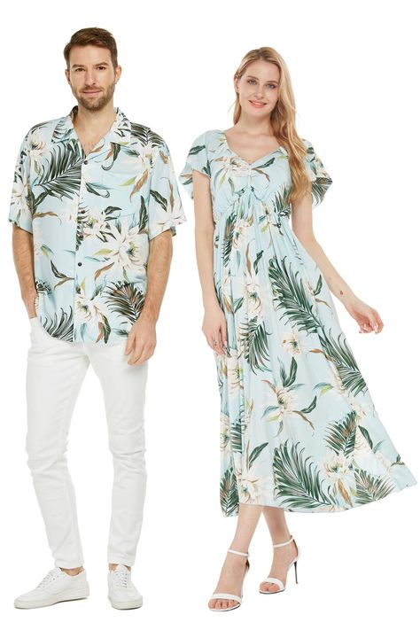 PRICES MAY VARY. Rayon,Silk Button closure Exact Matching Outfit Price includes one men shirt and one women dress. Made of rayon, soft and silk like Beautiful Hawaiian print, perfect for any beach occasions or Luau parties Wispy Cereus Light Blue Pattern This beautiful Hawaiian print couple's matching outfit is made of rayon, soft and silk-like. Men's shirt has coconut buttons and one pocket on the left chest. Men's shirt comes in size S-3XL. Women's Rahee dress has an elastic top which makes fi Hanimoon Dress For Women, Floral Couple Outfits, Couple Dress Casual, Couple Dresses Casual, Couple Dress Matching, Matching Mommy Daughter Outfits, Matching Kids Outfits, Matching Fits, Couple Matching Outfits