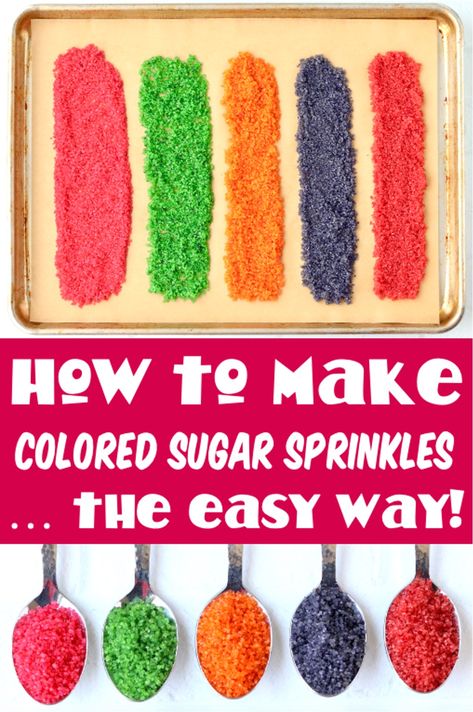 Out of sprinkles? Don't worry… these easy Homemade Colored Sugar Sprinkles will save the day! They're so simple to make, and perfect for adding to Christmas sugar cookies or frosted cake and donuts! Go grab the recipe and give it a try this week! How To Color Sugar For Sprinkles, How To Make Colored Sugar, How To Color Sugar, How To Make Sprinkles, Chocolate Frosting Recipe Easy, Homemade Sprinkles, Homemade Baked Goods, Cocoa Powder Recipes, Frosted Cupcakes