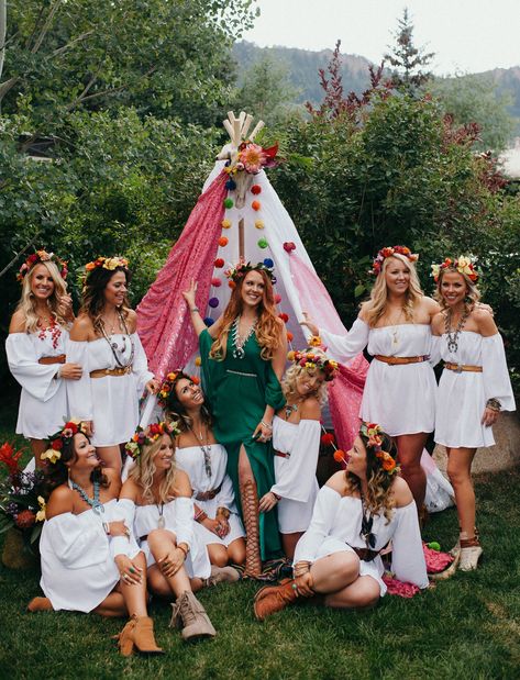 This Bride Threw her Bridesmaids the Ultimate Boho Party the Day Before the Wedding! - Green Wedding Shoes Boho Batchloret Party Ideas, Boho Hens Party, Henfest Hen Party, Coachella Bachelorette Party, Boho Bachelorette Party Ideas, Bohemian Bachelorette Party, Bridesmaid Shoot, Boho Bridal Shower Dress, Boho Hen Party