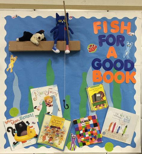 Fishing For A Good Book Bulletin Board, Fish Bulletin Board Ideas, Fish Bulletin Boards, Book Bulletin Board, Fish Board, Read A Thon, Sunshine Nursery, Classroom Doors, Door Decorating Contest