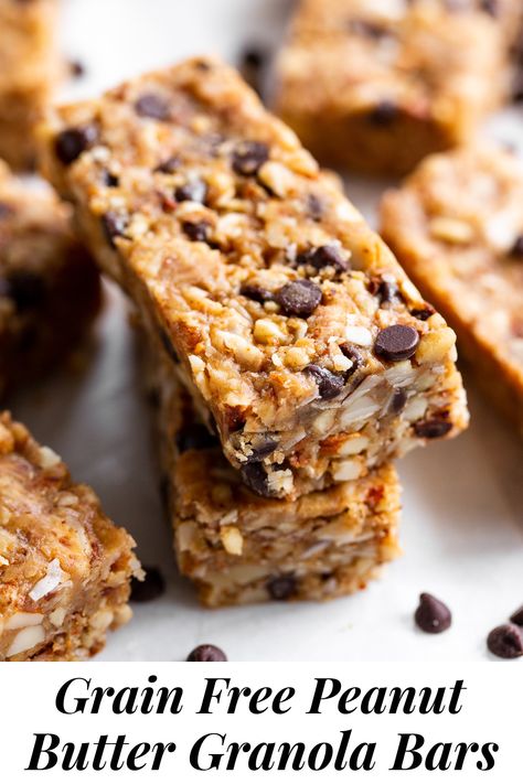 These no bake, chewy peanut butter granola bars are a breeze to make and so addicting! They’re gluten free and grain free, with both vegan and paleo options. Perfect for quick snacks, these homemade granola bars are perfect right out of the fridge or freezer. #peanutbutter #grainfree #paleo #glutenfree #granolabars #vegan Paleo Granola Bars, Grain Free Granola Bars, Gluten Free Granola Bars, Peanut Butter Granola Bars, Granola Bar Recipe, Paleo Running Momma, Heathy Snack, Prepping Ideas, Grain Free Breakfast