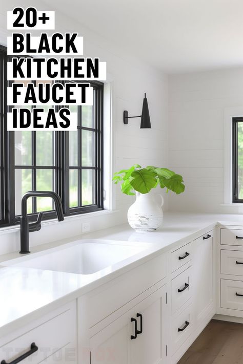 white countertops black faucet white farmhouse sink Kitchen Black Faucet, Modern Farmhouse Kitchen Faucet, Farmhouse Kitchen Faucet Ideas, Kitchen Faucets Farmhouse, Black Sink Kitchen, Kitchen Faucet Ideas, Black Faucets, Black Kitchen Faucet, Gold Kitchen Faucet