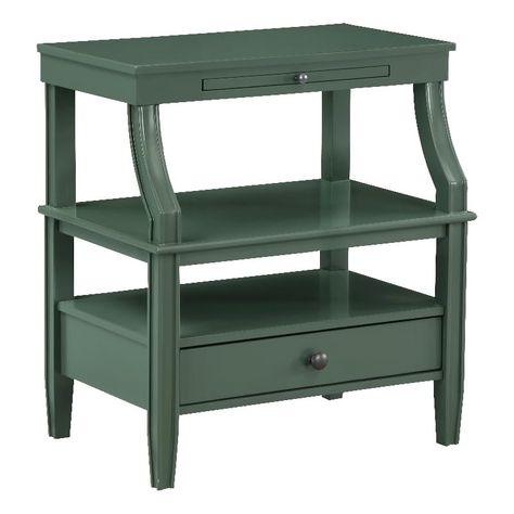 PRICES MAY VARY. Poplar Solids, Plywood, and MDF Black drawer hardware Pull out laminated tray with metal knob for additional space Fluted leg design Tapered feet Featuring classic black hardware, on a vintage green wood finish, the Newton Vintage Green Storage Nightstand offers warm, inviting elegance for any decor. The spacious shelves are perfect for storage or use to display treasured items. One drawer for storage and a convenient pull out tray with a laminate finish that will protect agains Green Storage, Storage Nightstand, Drink Tray, Black Drawers, White Storage, Nightstand Storage, Drawer Shelves, 2 Drawer Nightstand, Vintage Storage