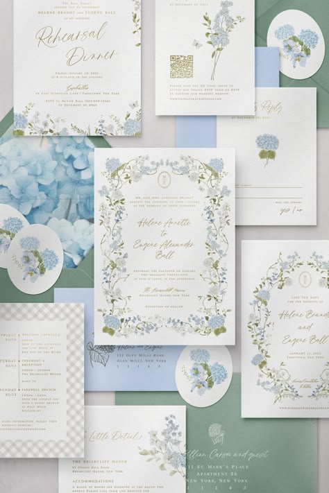 Flat lay of the Cape Cod wedding invitation collection adorned with blue and white watercolor hydrangeas and other flowers Bridgerton Blue Wedding, Coastal Save The Date Ideas, Hydrangea Wedding Invite, White And Blue Wedding Invitations, Wedding Invitations Blue And White, Cape Cod Wedding Aesthetic, Nantucket Wedding Aesthetic, Watercolor Invitations Wedding, Blue And Green Wedding Theme