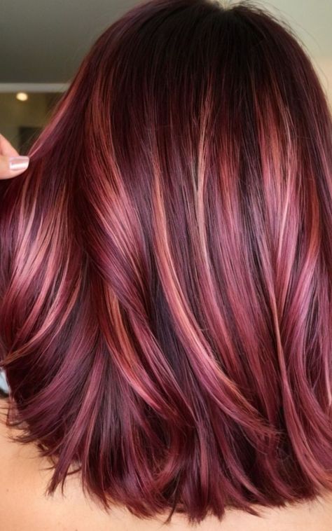 Fall Red Hair Ideas, Raspberry Blonde Hair, Cherry Red Ombre Hair, Cherry And Blonde Hair, Matrix Color Sync Formulas, Cherry Cola Hair Color With Highlights, Dark Red And Blonde Hair Color, Cool Color Hair, Dark Red Ombre Hair