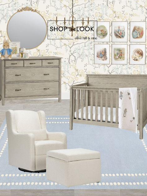 Cozy Peter Rabbit nursery featuring a convertible crib, floral wallpaper, and whimsical decor, creating a serene and playful atmosphere. Vintage Peter Rabbit Nursery, Peter Rabbit Art, Chinoiserie Nursery, Nursery Collage, Crib And Dresser, Life Could Be A Dream, Peter Rabbit Nursery, Nursery Decor Inspiration, Rabbit Nursery