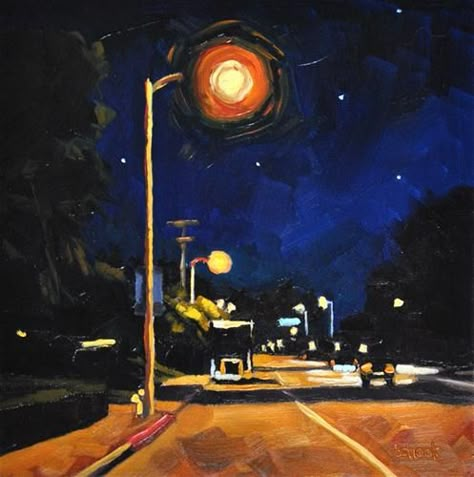 "Streetlight - 6x6" - Original Fine Art for Sale - © by Sharon Schock Streetlights At Night Painting, Street Lights At Night Painting, Streetlight Painting Night, Light Pole Painting, Streetlight Illustration, Perspective Art Painting, Streetlight Drawing, Street Lights Painting, Streetlight Painting