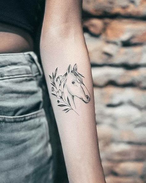 Horse Shoulder Tattoos For Women, Delicate Horse Tattoo, Horse Forearm Tattoo Women, Small Horse Tattoos For Women, Horse Arm Tattoos For Women, Horse Head Line Tattoo, Horse And Flower Tattoo, Fine Line Horse Tattoo, Small Horse Memorial Tattoo