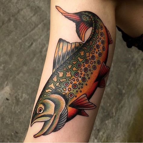 Small Trout Tattoo, Brook Trout Tattoo, Tattoo With Mountains, Hand Of Glory Tattoo, Rainbow Trout Tattoo, Salmon Tattoo, Koi Fish Tattoo Meaning, Trout Tattoo, Fly Fishing Tattoo