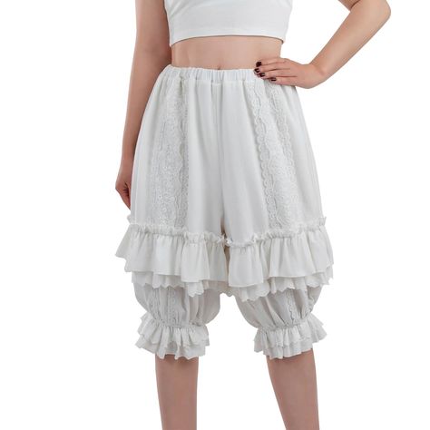 PRICES MAY VARY. 🌷Design: The white bloomers for women has elastic on the waist and at the hem, double layered ruffle trim design, front with lace trim, loose fit. Bottom edge elastic enables adjustable length – hike them up or down as needed! 🌷Style: White ruffle shorts, Victorian Bloomers, Vintage Inspired Bloomers, Renaissance Pumpkin Shorts, Womens Pantaloons Bloomers, Victorian Knickers, Pantaloons for women under historically inspired dresses and skirts. 🌷Material: The ruffle bloomers i Bloomers Vintage, White Ruffle Shorts, Victorian Bloomers, Pumpkin Shorts, White Bloomers, Forest Festival, History Bounding, Wedding Fancy, Fancy Dress Ball