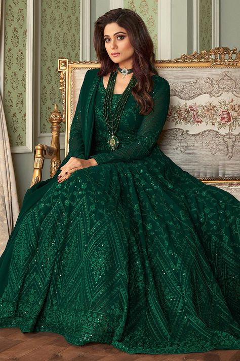 Buy Bottle Green Embroidered Anarkali Suit Online | Like A Diva Long Anarkali Dress, Wedding Anarkali, Lehenga Choli Latest, Shamita Shetty, Pakistani Lehenga, Green Anarkali, Floor Length Anarkali, Long Anarkali, Gown Suit