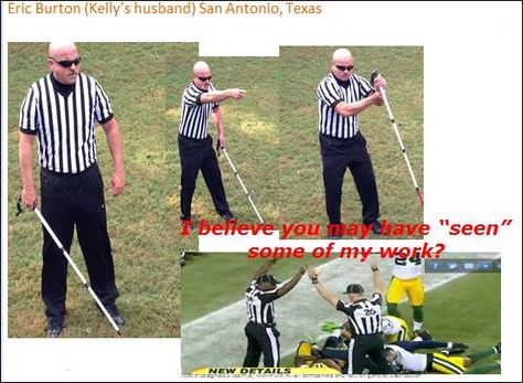 Kelly Burton's husband dresses up for Halloween as a blind referee. He's legally blind and thought up this costume - I'm assuming he's not naming the ref that inspired him. ;) (San Antonio, Oct 2013) Blind Referee Costume, Referee Costume, New Details, Costume Ideas, San Antonio, Halloween, Dresses