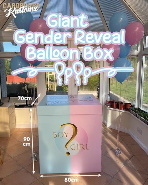 This Giant Balloon Box which is  80cm long x 70cm wide and 90cm tall is ideal gender reveal prop
The box comes to you box comes flat packed for ease of transit to the venue and is easily assembled ready for you to add your balloons of choice to suit the occasion
## Balloons not included## Cardboard Ideas, Baby Reveal Cakes, Gender Reveal Box, Letter Lights, Giant Balloon, Baby Photo Frames, Balloon Box, Eco Friendly Products, Gender Reveal Balloons