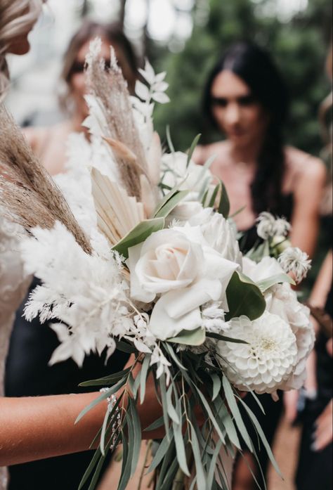 Detail shots of palm, pampas, dried ruscus, dahlias, eucalyptus and vendela rose Dried Ruscus, Vendela Rose, Boho Wedding Bouquet, Ceremony Ideas, Detail Shots, Wedding Bouquet, Boho Wedding, Dahlia, Wedding Decor