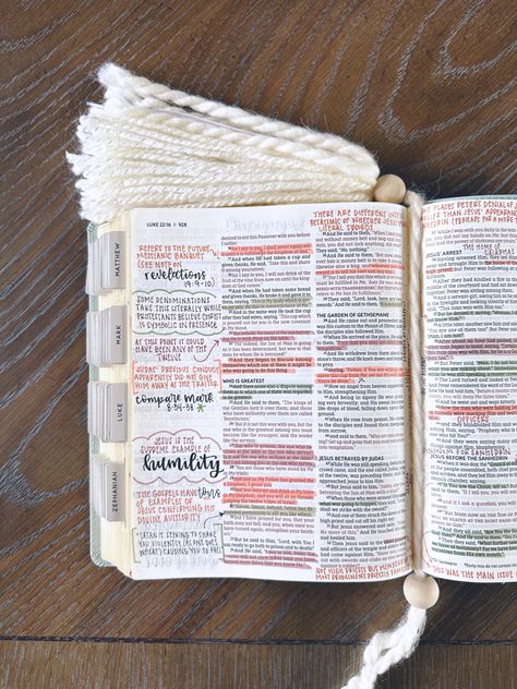 Bible journal open flat on wood table with fluffy bookmark, aesthetic lettering and highlighters. Luke 5 Bible Journaling, Luke 1 Bible Notes, Luke 4 Bible Journaling, Luke Chapter 1 Bible Journaling, Luke 2 Bible Journaling, Bible Study Luke, Luke 1 Bible Journaling, Luke 1:37, Luke Bible Journaling