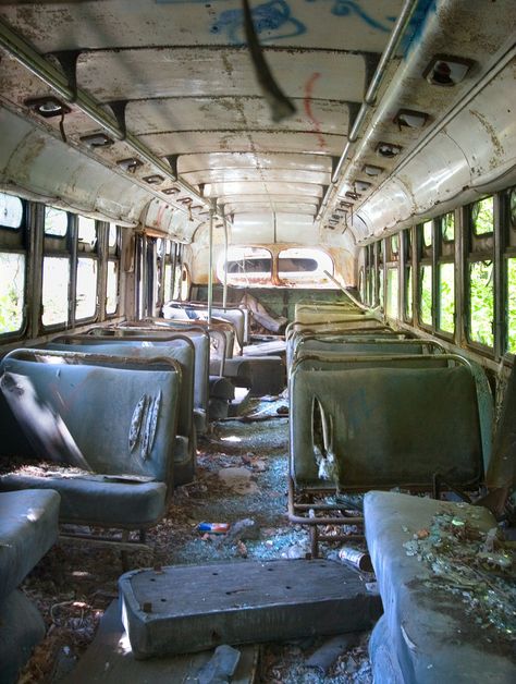 bus. Abandoned School Bus, Apocalypse Vibes, Chris Mccandless, Halloween Props Scary, Western Things, Dark Things, Bus Interior, Apocalypse Aesthetic, Derelict Buildings