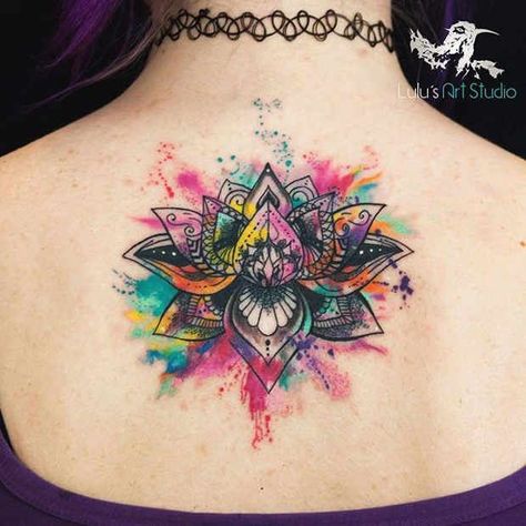 Women's Bright Watercolor Mandala Back Tattoo Mandala Tattoo Design Women, Lotusblume Tattoo, Outer Forearm Tattoo, Sanskrit Tattoo, Tattoo Dotwork, Lady Bug Tattoo, Watercolor Mandala, Watercolor Tattoos, Hawaiian Tattoo