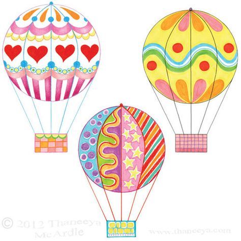 Colorful Hot Air Balloons Drawings by Thaneeya Hot Air Balloon Classroom Theme, Air Balloon Clipart, Hot Air Balloon Drawing, Balloon Drawing, Square 1 Art, Hot Air Balloon Clipart, Thaneeya Mcardle, Hot Air Balloon Design, Balloon Illustration