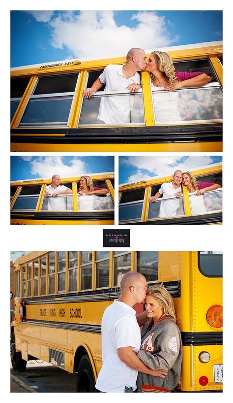 School bus engagement photo shoot School Bus Pictures, Highschool Sweethearts, Anniversary Pics, Cute Relationship Pictures, Couple Shoots, Engagement Shots, 2016 Wedding, School Theme, The French Quarter