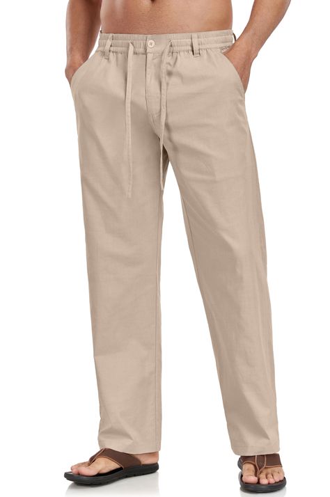 PRICES MAY VARY. Linen Material -- The men's linen pants with lightweight, breathable, soft and skin-friendly cotton linen fabric,suitable for vacation,home. Elastic waist -- The casual pant has a elastic waistband with adjustable drawstring provide the maximum comfort at the waist. Elaborately Designed -- mens summer pants feature stretchy drawstring waist, straight-legs, zip fly with button closure,two slant pockets and back pockets,loose fit cut, solid color, bring you all day comfort. For Al Linen Pants Outfit Men, Mens Summer Pants, Linen Pants Outfit, Yoga Trousers, Casual Linen Pants, Summer Yoga, Mens Linen Pants, Linen Drawstring Pants, Casual Beach Wear